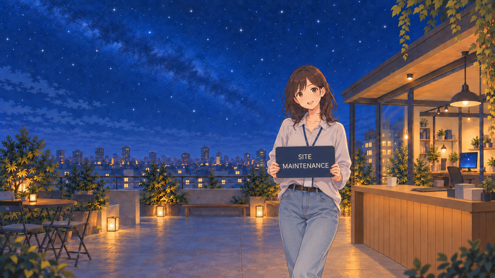 A studio teammate in a casual shirt and jeans holding a Site Maintenance sign beneath the starry city sky.